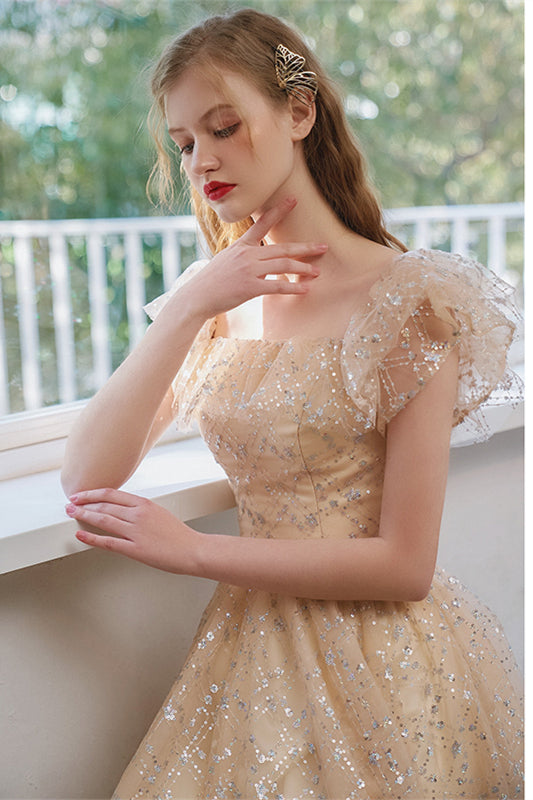 Square Neck Short Champagne Party Dress