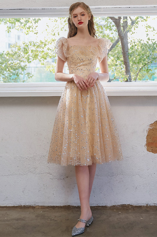 Square Neck Short Champagne Party Dress