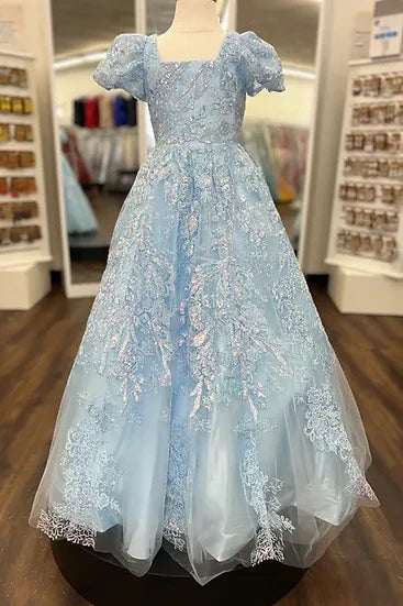 Square Short Sleeves A-Line Appliques Girl Pageant Dress