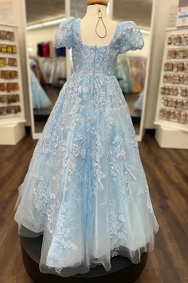 Square Short Sleeves A-Line Appliques Girl Pageant Dress