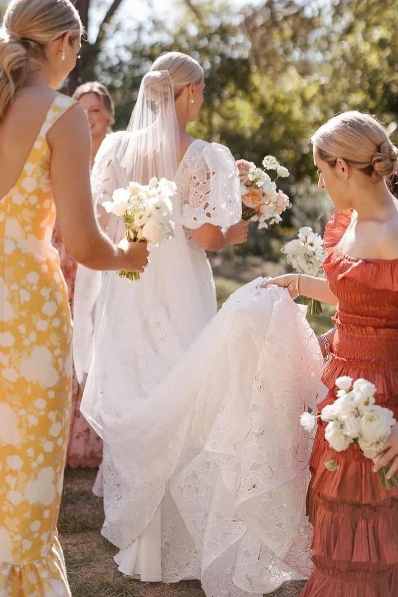Square Short Sleeves Lace A-Line Wedding Dress With Train