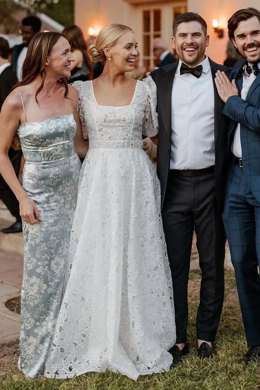 Square Short Sleeves Lace A-Line Wedding Dress With Train