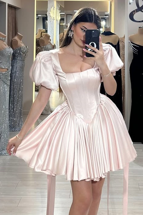 Square Short Sleeves Satin A-Line Homecoming Dress