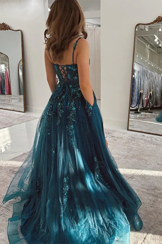 Square Sleeveless A-Line Lace Prom Dress With Pockets