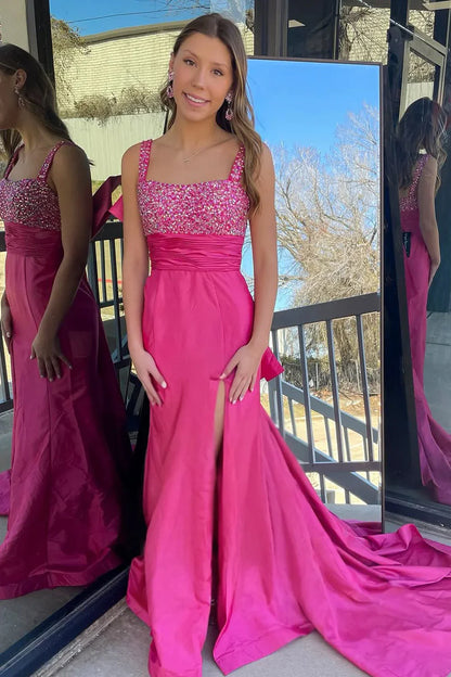 Square Sleeveless Beaded Top Mermaid Satin Party Prom Dress