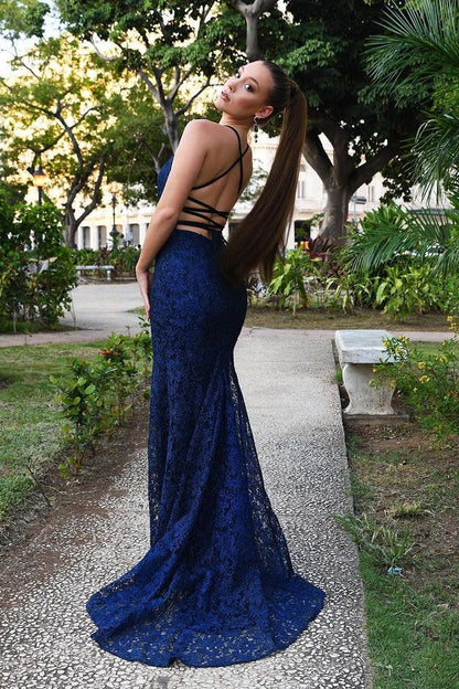 Square Sleeveless Fully Lace Mermaid Party Prom Dress With Train