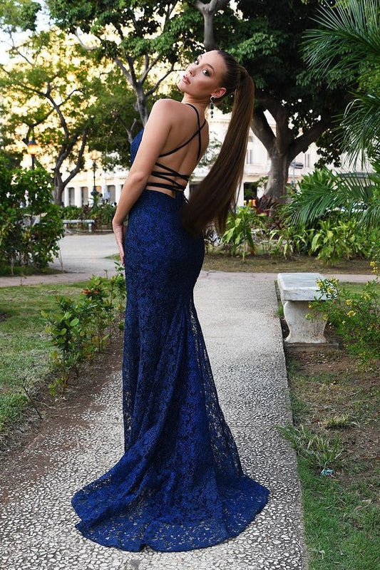 Square Sleeveless Fully Lace Mermaid Party Prom Dress With Train