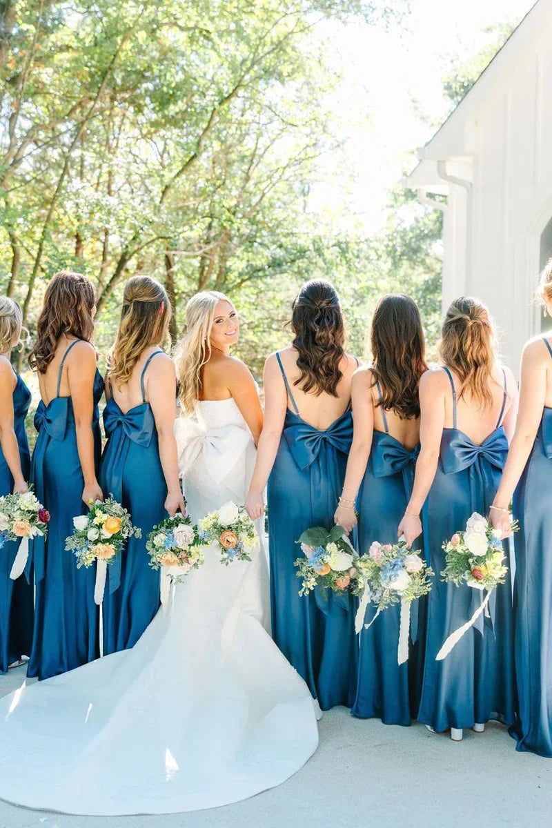 Square Sleeveless Open Back Long Bridesmaid Dress With Bow