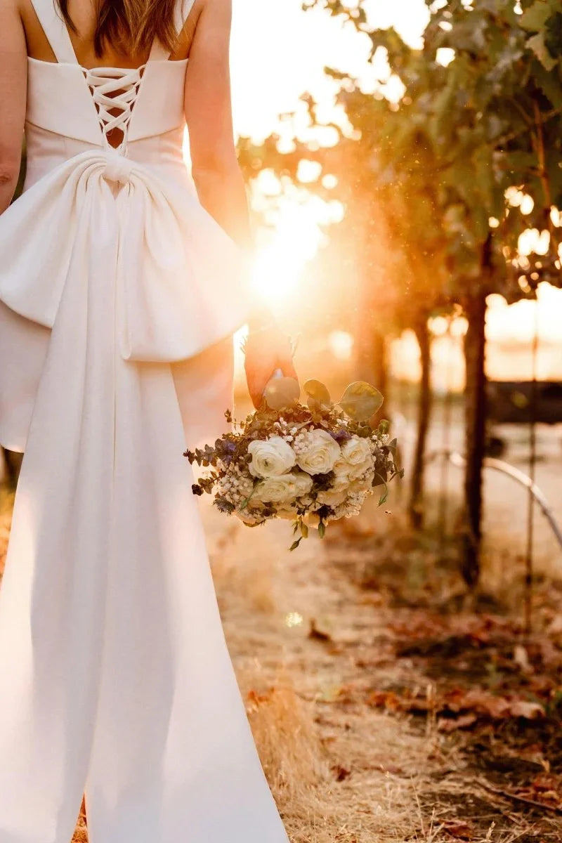 Square Sleeveless Satin Short Wedding Dress With Bow