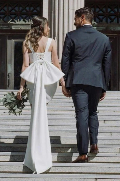 Square Sleeveless Satin Short Wedding Dress With Bow