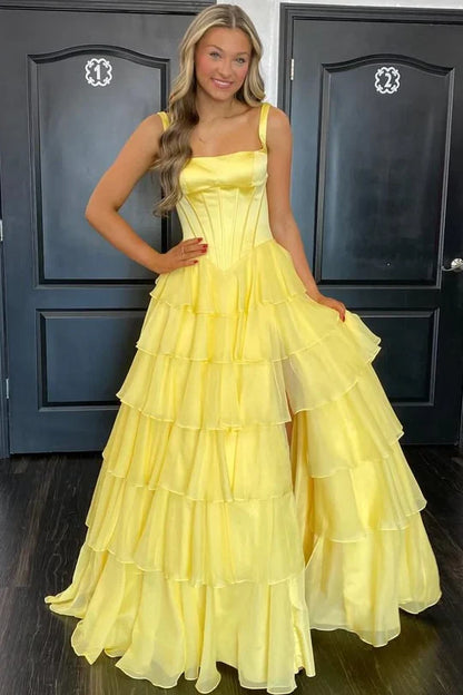 Square Sleeveless Two Tone Empire A-Line Party Prom Dress With Slit