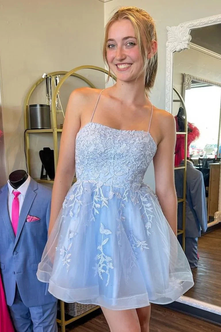 Square Spaghetti Straps Lace Appliques Cute Homecoming Dress