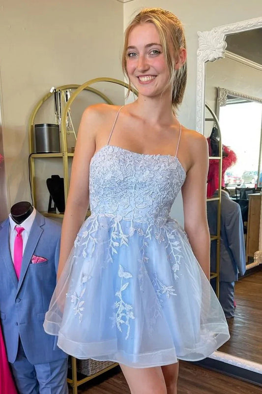 Square Spaghetti Straps Lace Appliques Cute Homecoming Dress