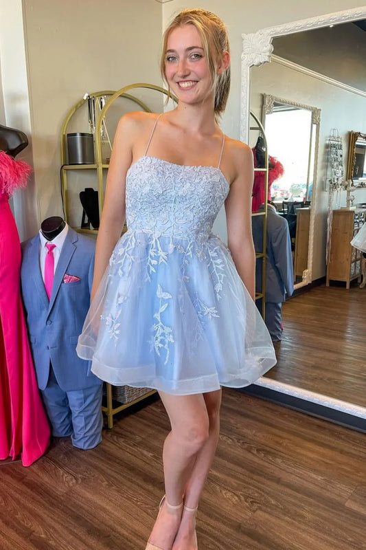 Square Spaghetti Straps Lace Appliques Cute Homecoming Dress