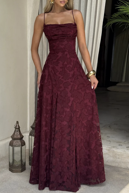 Square Spaghetti Straps Lace Up A-Line Lace Party Prom Dress