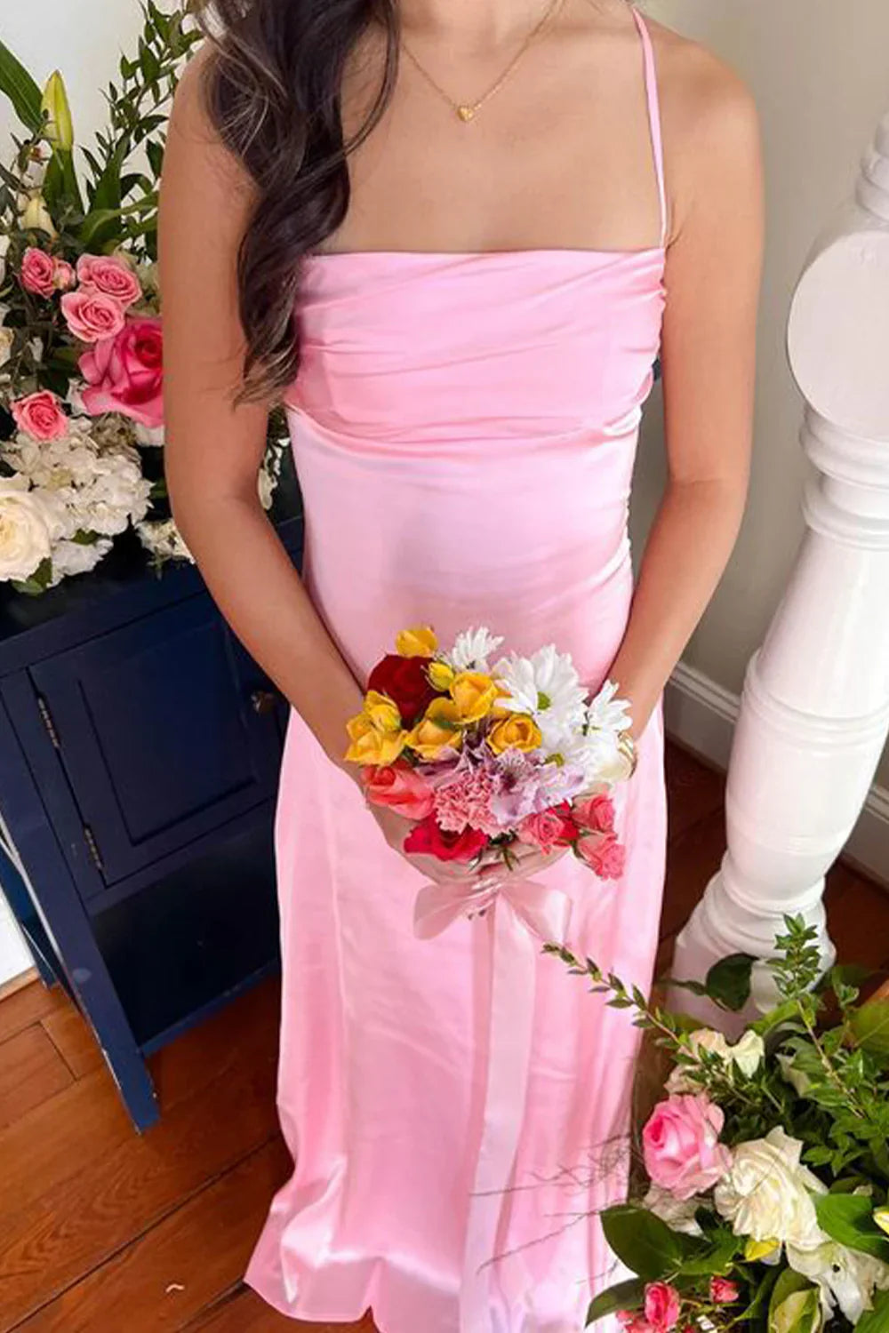Square Spaghetti Straps Satin A-Line Backless Party Prom Dress