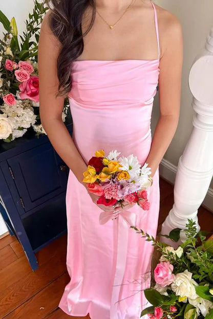 Square Spaghetti Straps Satin A-Line Backless Party Prom Dress
