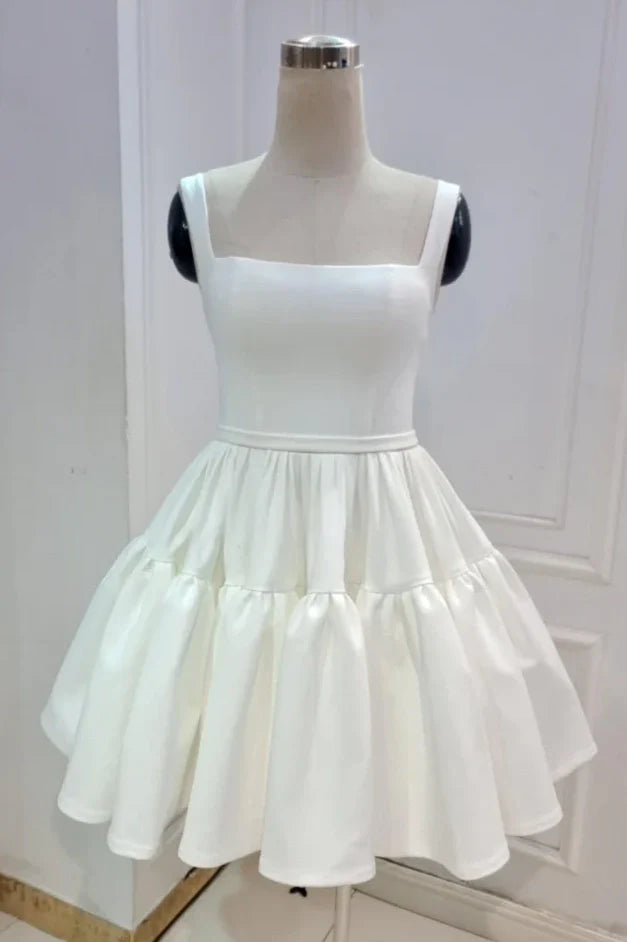 Square Spaghetti Straps Satin A-Line Short Wedding Dress