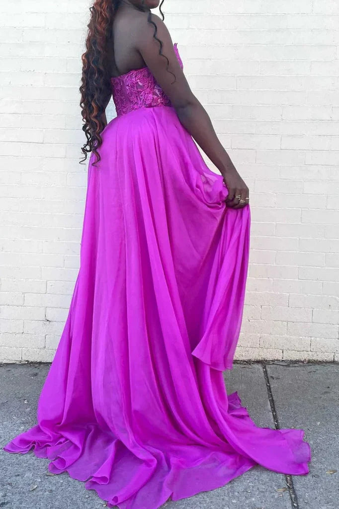 Square Strapless Chiffon A-Line Lace Appliques Party Prom Dress