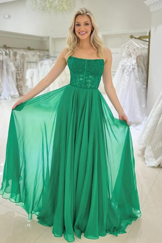 Square Strapless Chiffon A-Line Lace Appliques Party Prom Dress