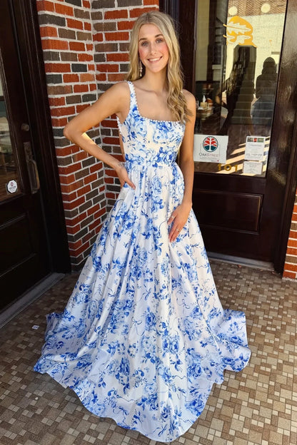 Square Straps With Pearls A-Line Satin Floral Party Prom Dress
