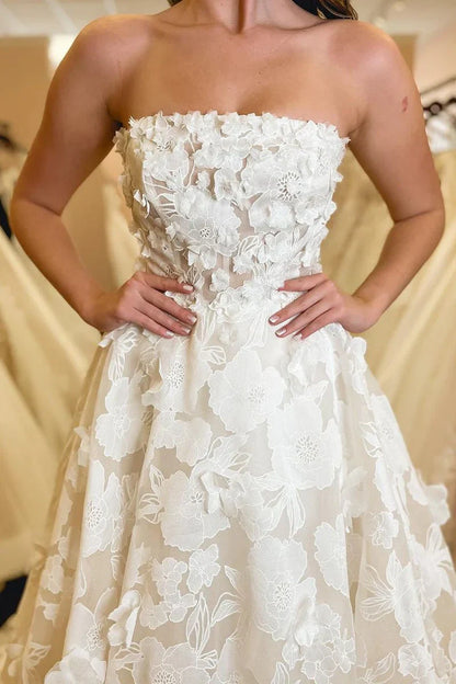 Strapless A-Line Empire Lace Long Wedding Dress