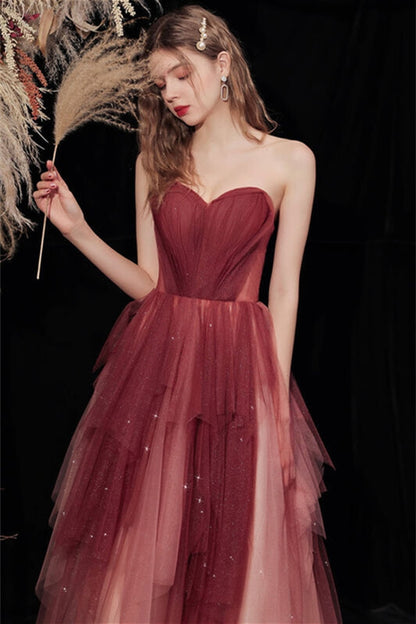Tiered Tulle A-Line Sweetheart Strapless Empire Prom Dress