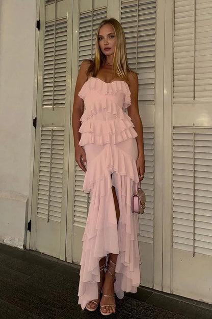 Strapless Chiffon Fitted Ruffle Party Prom Dress With Slit