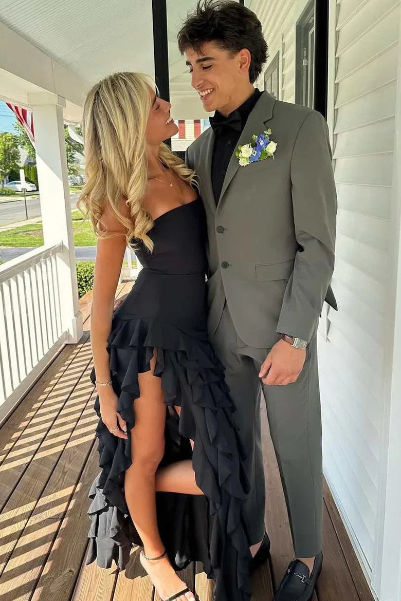 Strapless Empire Satin A-Line Ruffled Party Prom Dress With High Slit