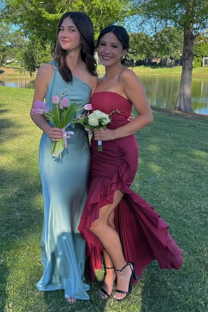 Strapless Empire Satin Ruffle Tiered Party Prom Dress