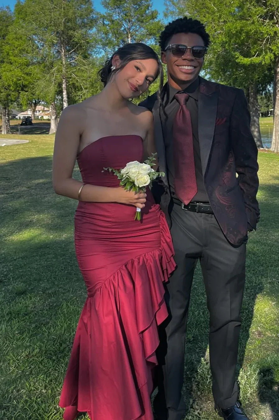 Strapless Empire Satin Ruffle Tiered Party Prom Dress