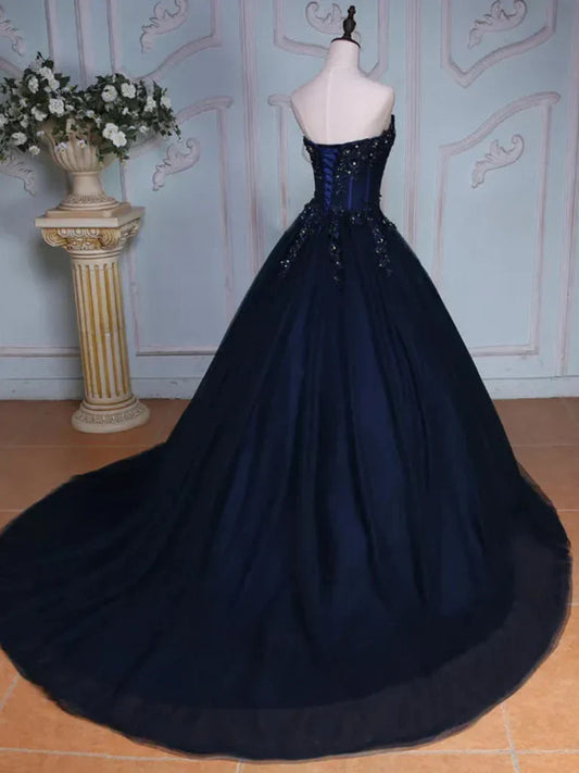 Navy Blue Strapless Sequins Tulle Long Prom Dresses Ball Gown SH1656