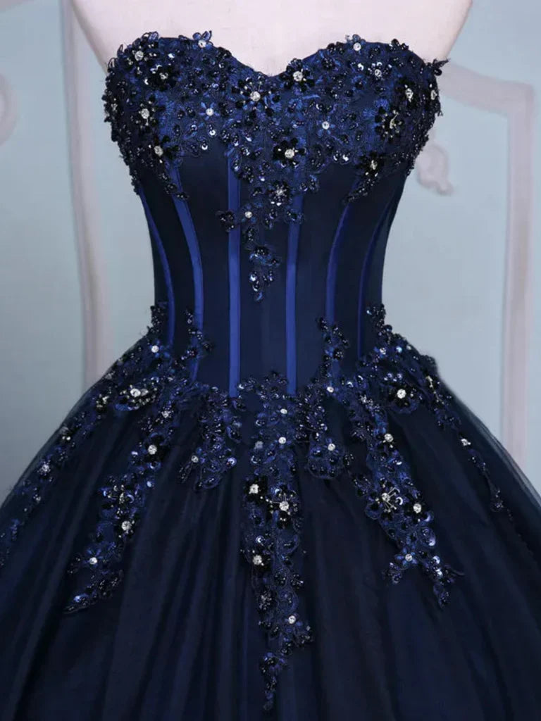 Navy Blue Strapless Sequins Tulle Long Prom Dresses Ball Gown SH1656
