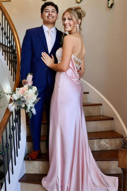 Strapless Satin Mermaid Party Prom Dress With Train