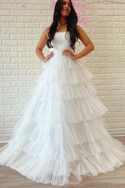 Strapless Sleeveless Tulle A-Line Empire Tiered Party Prom Dress