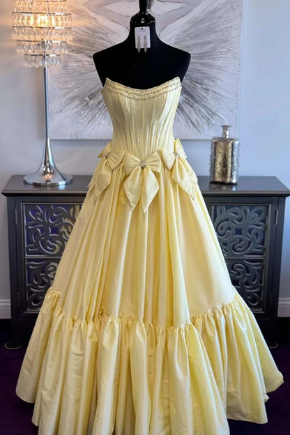 Satin A-Line Strapless Empire With Bows Prom Dress