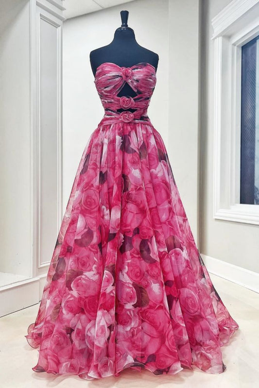 Strapless A-Line  Corset Floral Ruffle Prom Dress