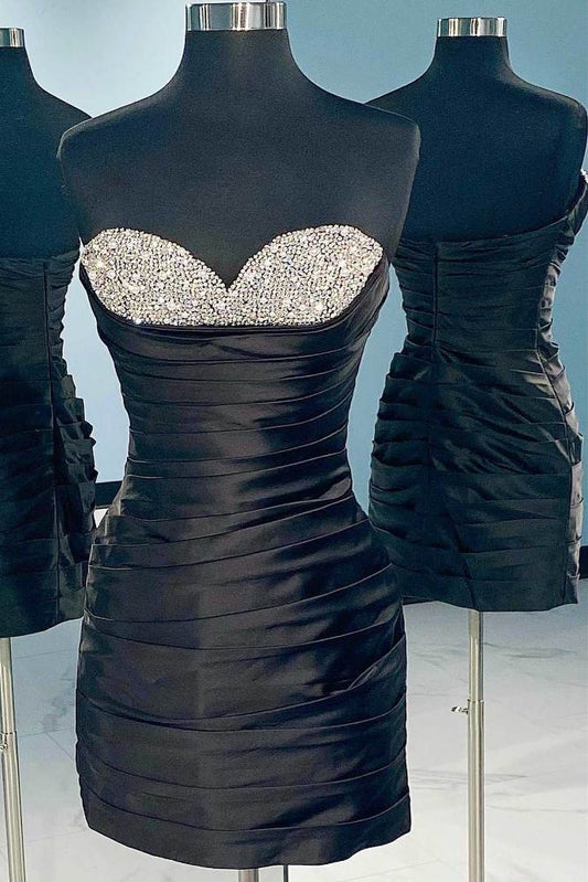 Strapless Black Beaded Pleated Homecoming Dress