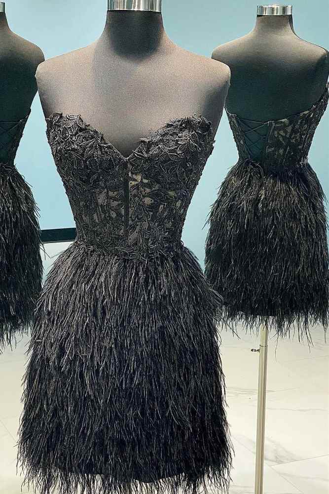 Strapless Black Short Homecoming Dress with Feather