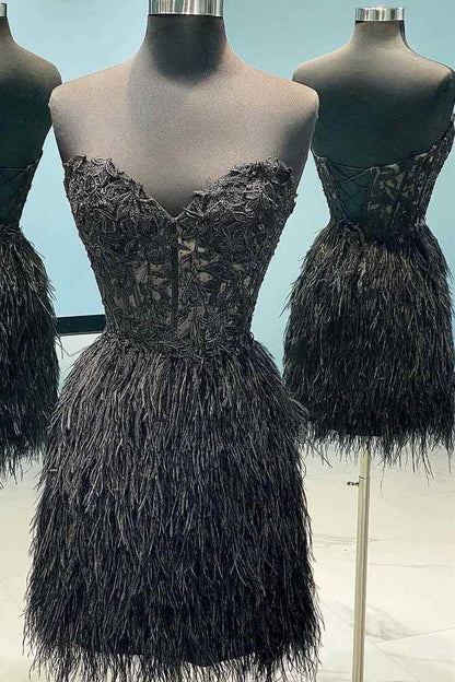 Strapless Black Short Homecoming Dress with Feather