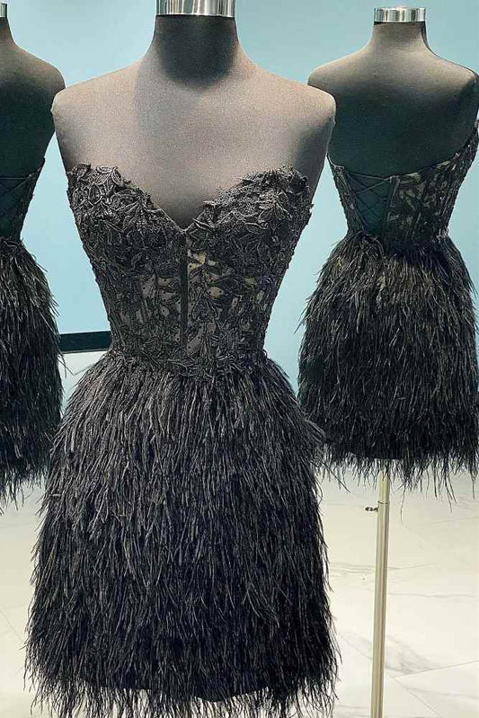 Strapless Black Short Homecoming Dress with Feather