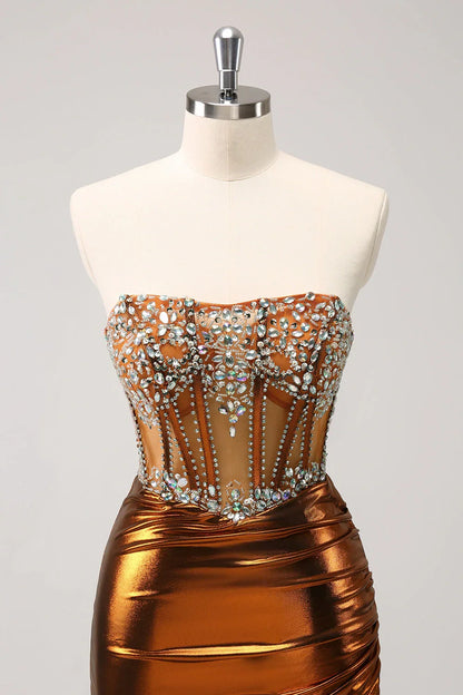 Strapless Sheath Beaded Empire Satin Homecoming Dress