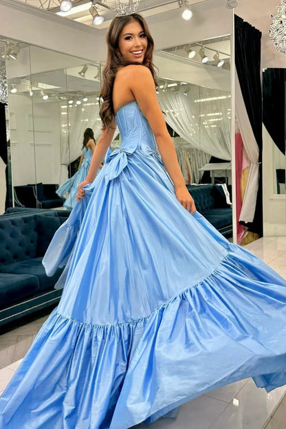 Satin A-Line Strapless Empire With Bows Prom Dress