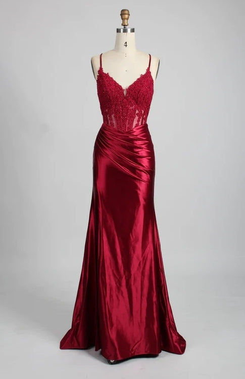 Straps Appliques Satin Mermaid Prom Dress With Slit