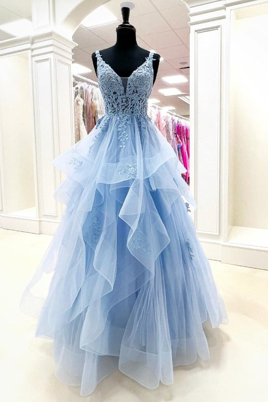 Straps Light Blue Applique A-Line Layers Prom Dress