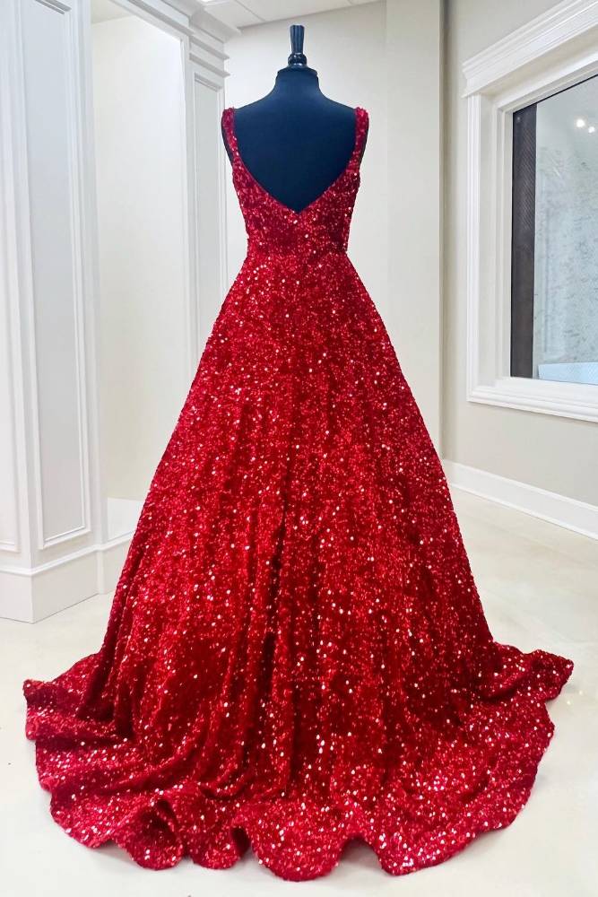 Straps Red Sequin A-Line Long Prom Dress