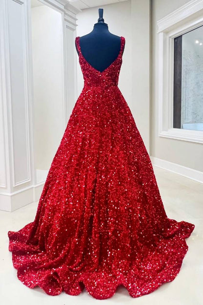 Straps Red Sequin A-Line Long Prom Dress