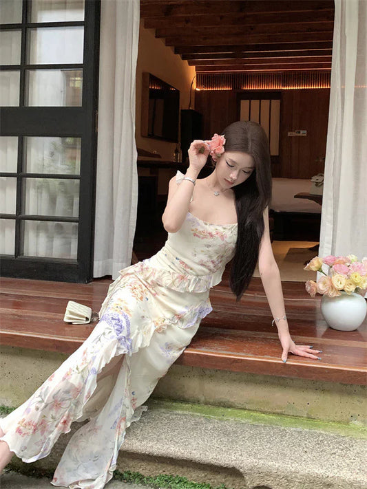 Pretty Mermaid Straps Print Floral Ruffle Chiffon Long Prom Dress Evening Dress SH2018