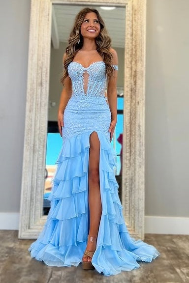 Sweetheart Empire Lace And Chiffon Mermaid Tiered Party Prom Dress