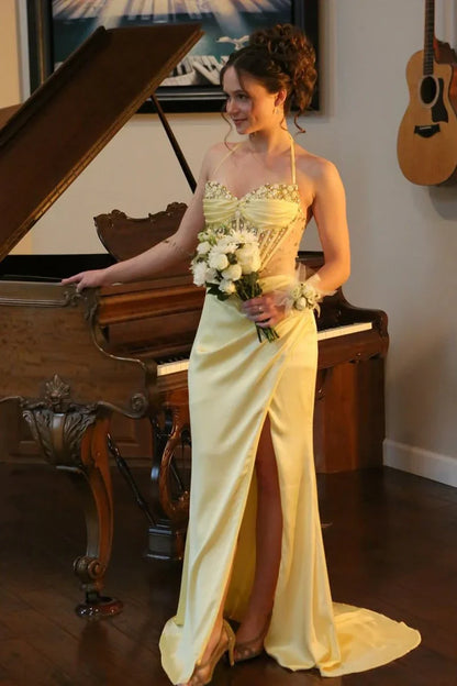 Sweetheart Halter Sheer Empire Mermaid Satin Prom Dress With Slit